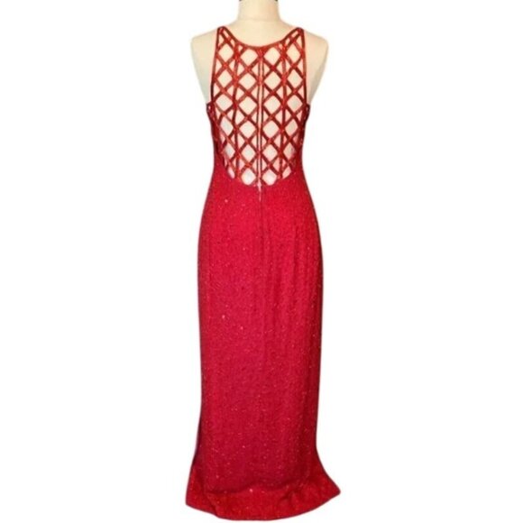 Andretta Donatello Red Gown XS Slit Mesh Beaded Detail Drama Glam Prom Pageant - Picture 3 of 10
